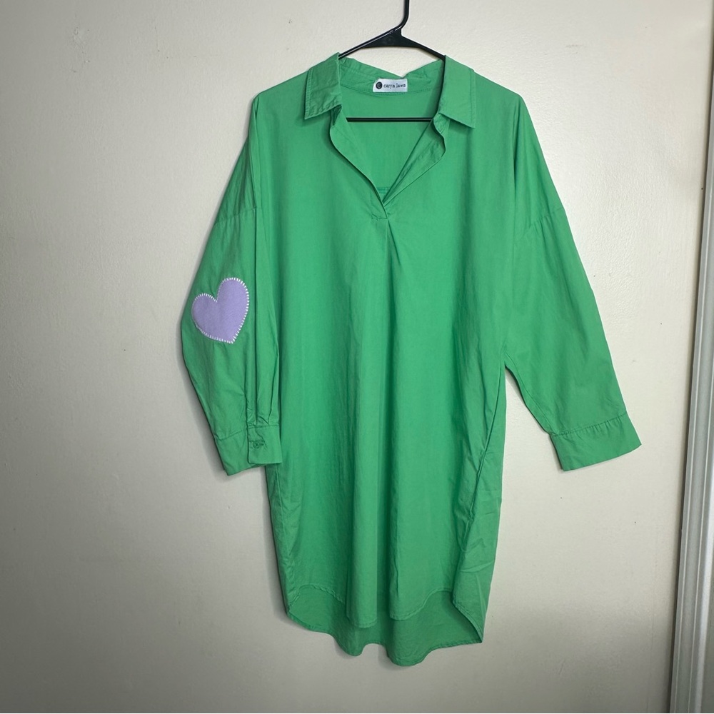 Caryn Lawn Preppy Tunic Dress Green with Lavender Heart Accents OSFM One‎ Size